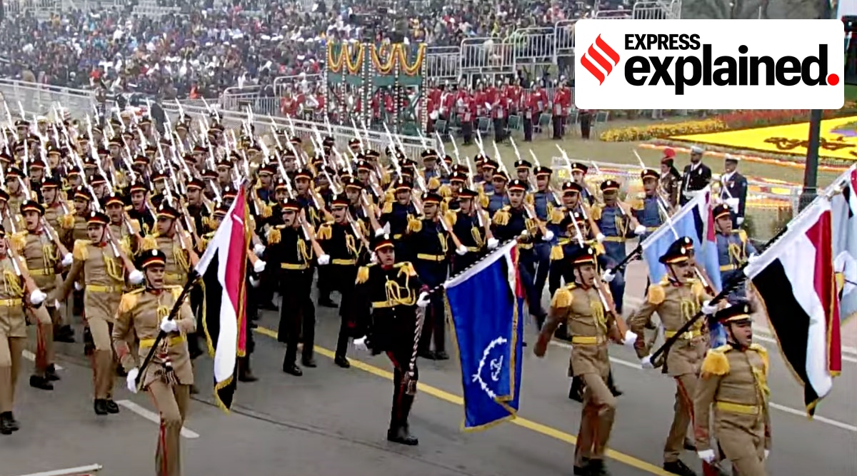 The Egypt contingent, with its red white and black flag, marching on the Kartavya Path at the 2023 Republic Day parade in Delhi, India.