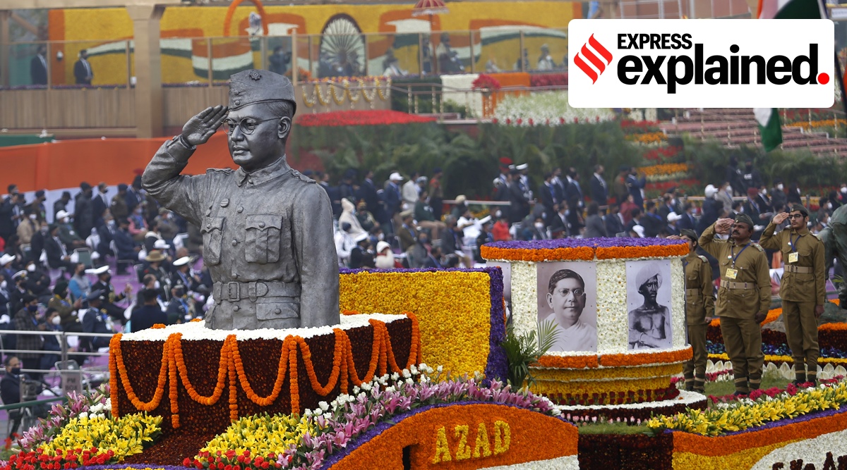 A photo of the 2022 Republic Day parade in Delhi., showing a tableaux of Subhas Chandra Bose.