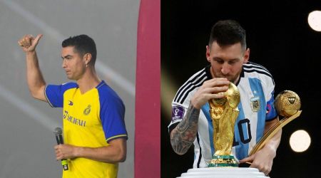 Ronaldo's presentation at Al-Nassr on left(FILE) and Lionel Messi with the World Cup on right. (Reuters)
