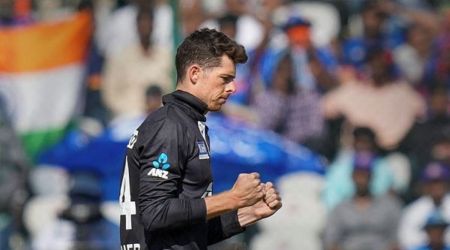 New Zealand's Mitchell Santner celebrates the wicket of India's Virat Kohli during the first ODI cricket match between India and New Zealand, at Rajiv Gandhi International Cricket Stadium in Hyderabad, Wednesday, Jan. 18, 2023. (PTI Photo/R Senthil Kumar)