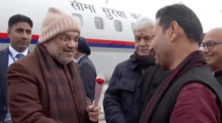 Union Home Minister Amit Shah was received by Lieutenant Governor Manoj Sinha when he arrived in the district at noon. (ANI)