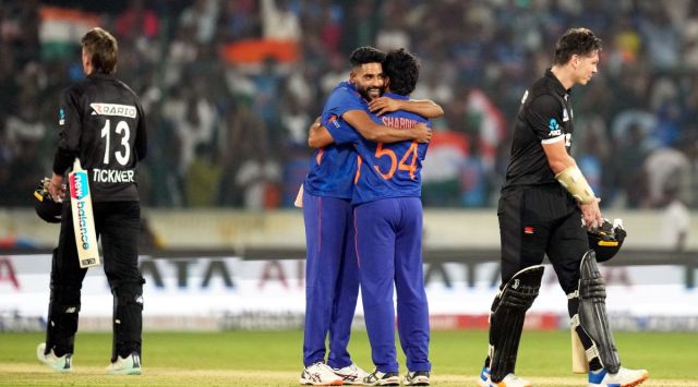 India's Mohammed Siraj embraces with Shardul Thakur after winning the first ODI cricket match against New Zealand. ( PTI) 