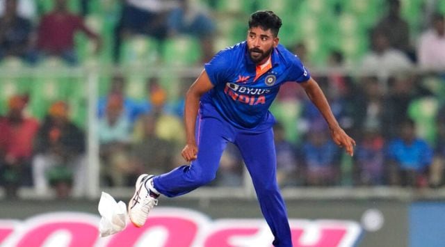 India's Mohammed Siraj bowls a delivery during the third one-day international cricket match between India and Sri Lanka in Thiruvananthapuram, India, Sunday, Jan. 15, 2023. (AP Photo/Aijaz Rahi)