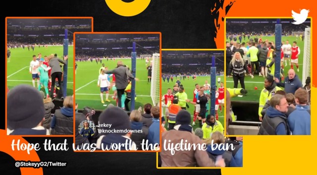 Arsenal goalkeeper kicked by Spurs fan, goalkeeper Aaron Ramsdale kicked, Aaron Ramsdale kicked video, Arsenal vs Tottenham, viral derby match videos, indian express