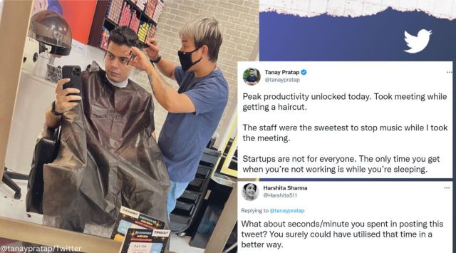 Startup founder gets trolled for posting pic of getting haircut while attending a meeting, Tanay Pratap, Invact Metaversity, startups, time management, trolled, netizens, Twitter, productivity hack, viral, trending, Indian Express