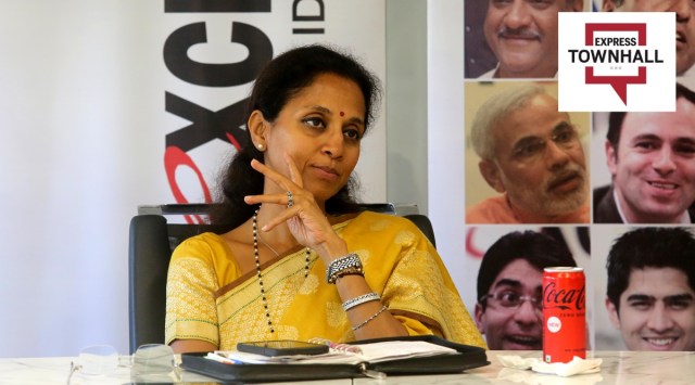 Supriya Sule speaking at the Town Hall. (Express photo by Ganesh Shirsekar)