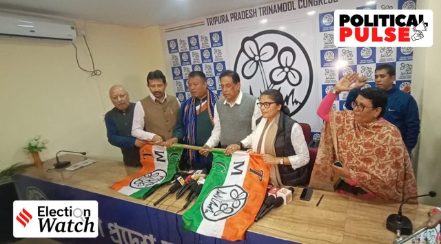 A press conference at the TMC headquarters in Agartala. (Express Photo: Debraj Deb)