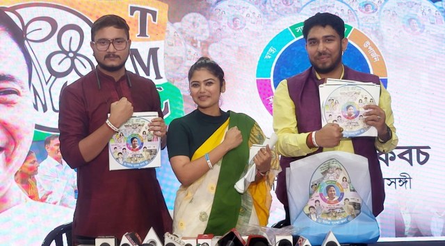 TMC state youth wing president Saayoni Ghosh, state 
in-charge of social media and IT cell Debangshu and state Trinamool Chhatra Parishad president Trinankur Bhattacharjee during the launch of the music video in Kolkata on Sunday. @AITCofficial