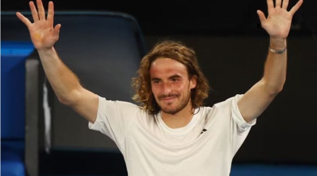 Stefanos Tsitsipas celebrates winning his fourth round match against Italy's Jannik Sinner. (Reuters)