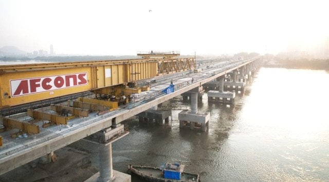 The last span of the Kasheli Creek Metro viaduct was erected on Sunday. (Express Photo)