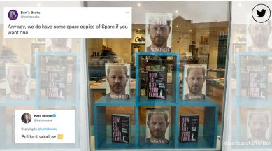 UK bookstore displays Prince Harry memoir Spare next to novel ‘How to Kill Your Family’, Bert's Books, UK, England, Indie bookstore,