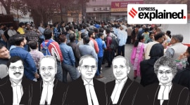A Nov. 17, 2016 file photo in the background, in which people stand in long queues to exchange their old Rs 500 and 1000 notes and withdraw cash from the ATM in New Delhi. Illustration of the 5 judges who gave the verdict in the foreground.