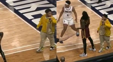A college basketball match was interrupted after an Uber Eats driver walked onto the court to deliver a McDonald’s order. (Videograbs)