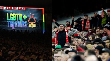 Nottingham Forest v Chelsea - The City Ground, Nottingham, Britain - January 1, 2023 The big screen displays a message reading 'LGBTQ+ Trickies' during the match (REUTERS/Carl Recine)