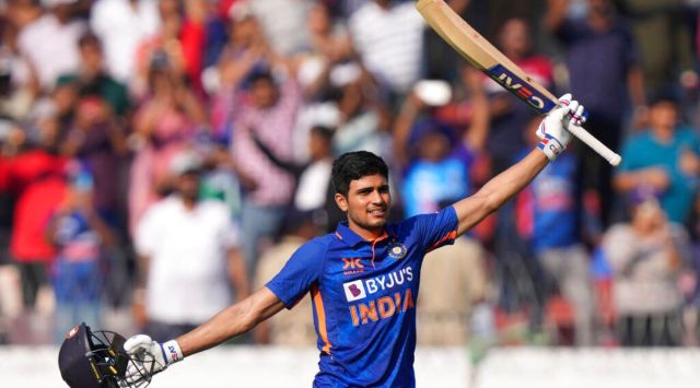 India's Shubhman Gill celebrates scoring a century during the first one-day international cricket match between India and New Zealand in Hyderabad, India, Wednesday, Jan. 18, 2023. (AP Photo/Mahesh Kumar A.)
