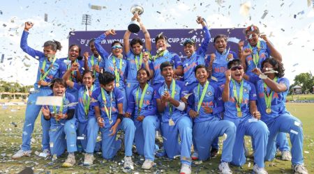 Indian U-19 women's cricket players celebrate with T20 world cup trophy after winning over England, in South Africa's Potchefstroom, Sunday, Jan. 29, 2023. (PTI Photo)