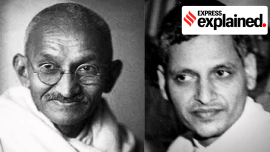 Mahatma Gandhi (left) and Nathuram Godse (right)