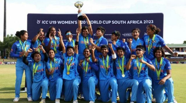Indian U-19 women's cricket players celebrate with T20 world cup trophy after winning over England, in South Africa's Potchefstroom, Sunday, Jan. 29, 2023. (PTI Photo)