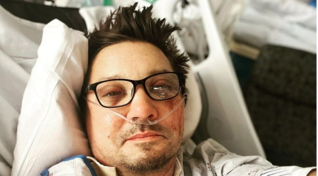 Jeremy Renner in his first picture from the hospital since he met with an accident on New Year's day Sunday. (Photo: Jeremy Renner/Instagram)