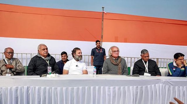 Congress leader Rahul Gandhi with party leaders Jairam Ramesh, Digvijaya Singh and Bhupinder Singh Hooda and others at an interaction with sportspersons and administrators of Haryana during the Bharat Jodo Yatra, in Karnal.(PTI Photo)