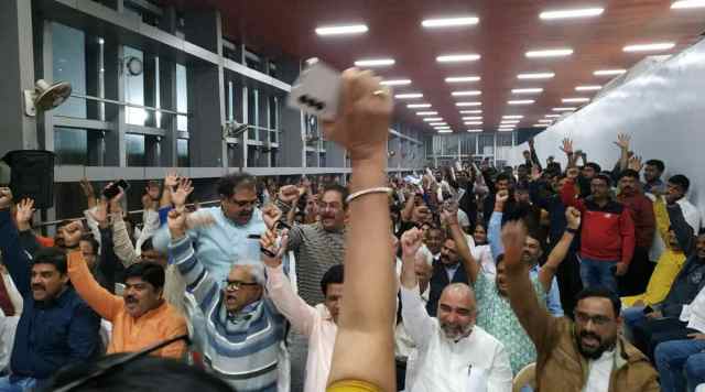 Ahead of PM Narendra Modi's visit to Mumbai on January 19, a joint meeting between BJP and Balasahebanchi Shiv Sena Members at BKC. The meeting was to discuss preparation and plans. (Express Photo)