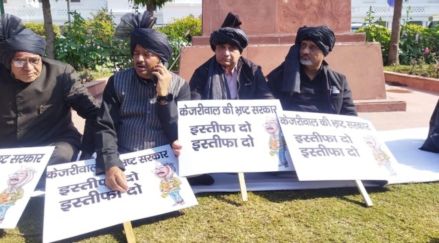 BJP MLAs protest outside Delhi Assembly. (Express Photo by Prem Nath Pandey)