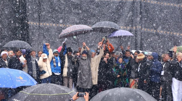 Eventually, leaders of eight parties attended the Srinagar event, which was also hit to an extent by bad weather, with heavy snowfall starting Monday morning. (Express Photo by Shuaib Masoodi)