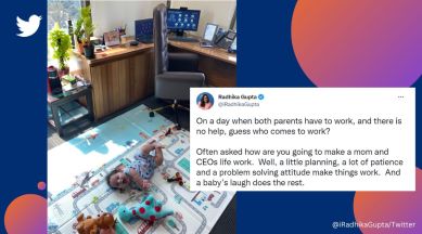 Radhika Gupta, MD and CEO of Edelweiss Mutual Fund, Woman CEO posts pic of looking after toddler son along with work, Woman CEO posts pic of looking after baby while working, privileges, working mom, mother, Twitter, viral, trending, Indian Express