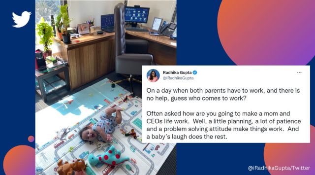 Radhika Gupta, MD and CEO of Edelweiss Mutual Fund, Woman CEO posts pic of looking after toddler son along with work, Woman CEO posts pic of looking after baby while working, privileges, working mom, mother, Twitter, viral, trending, Indian Express
