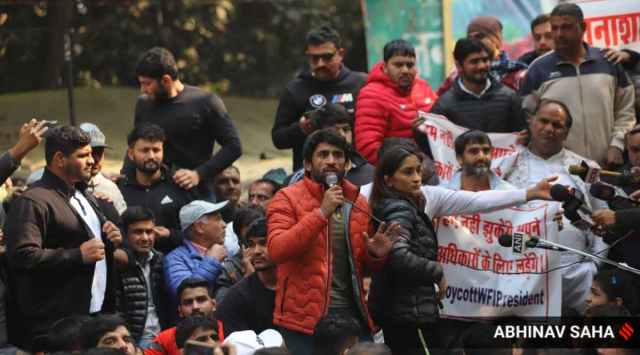 Wrestlers during protest at Jantar Mantar, New Delhi. (Express Photo)