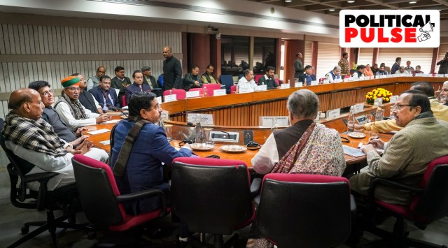 Defence Minister Rajnath Singh with Union Minister for Commerce and Industry Piyush Goyal, Union Minister for Parliamentary Affairs Pralhad Joshi and other leaders during an all-party meeting ahead of the Budget Session of Parliament, in New Delhi. (PTI)