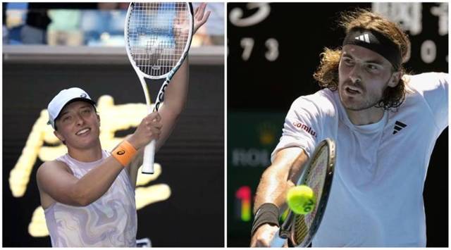 Iga Swiatek and Stefanos Tsitsipas of Greece. (AP)