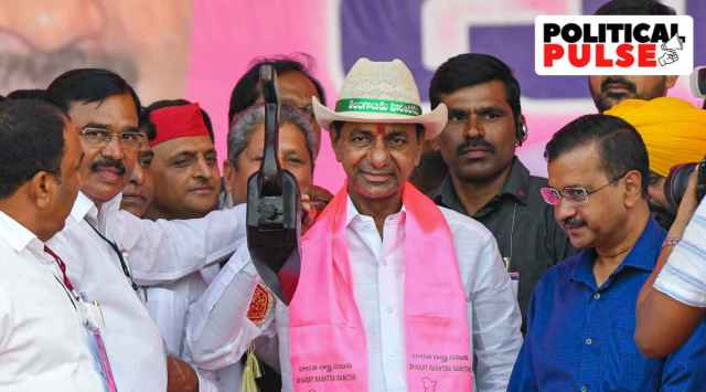 Telangana Chief Minister K Chandrashekar Rao with Delhi Chief Minister Arvind Kejriwal, at the BRS (Bharat Rashtra Samithi) party's rally, in Khammam, Wednesday, Jan. 18, 2023. (PTI Photo)