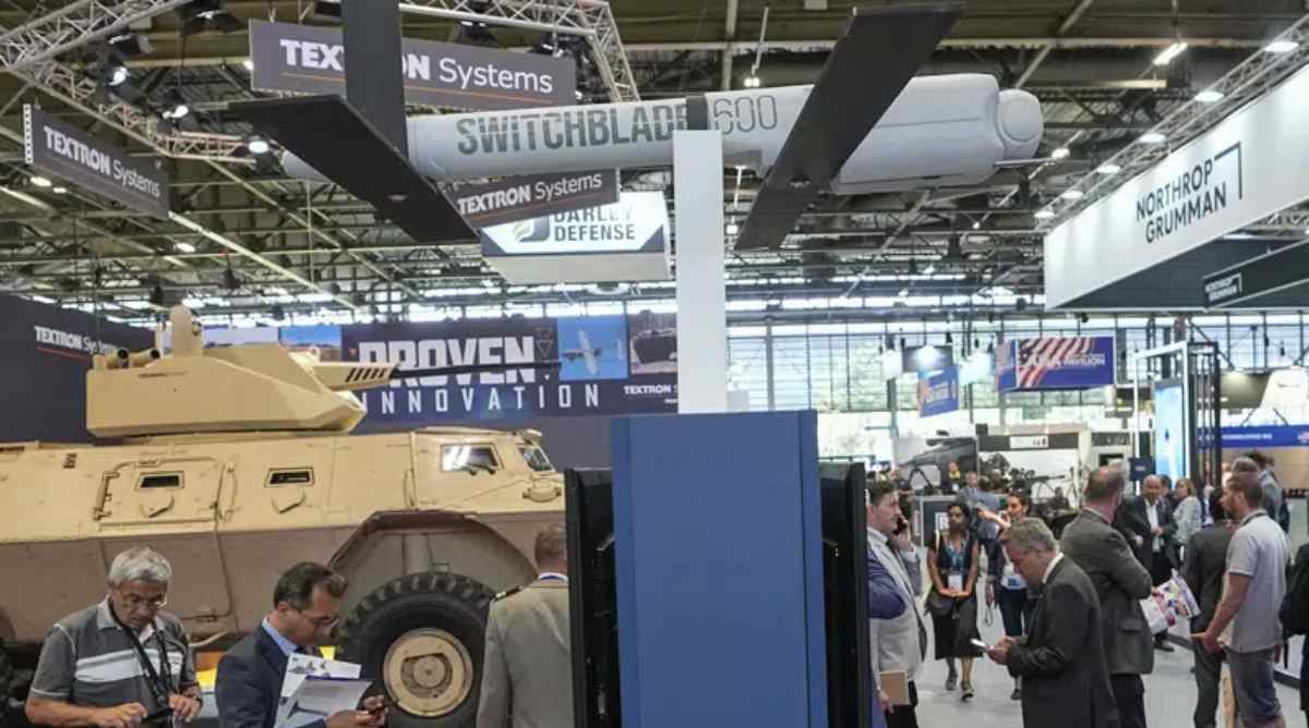 A Switchblade 600 loitering missile drone manufactured by AeroVironment is displayed at the Eurosatory arms show in Villepinte, north of Paris, on June 14, 2022.  (AP Photo/Michel Euler, File)