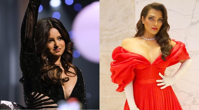 Harnaaz's gown was designed by Saisha (Source: AP; Saisha Shinde/Instagram)