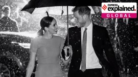 Meghan and Harry pictured under an umbrella