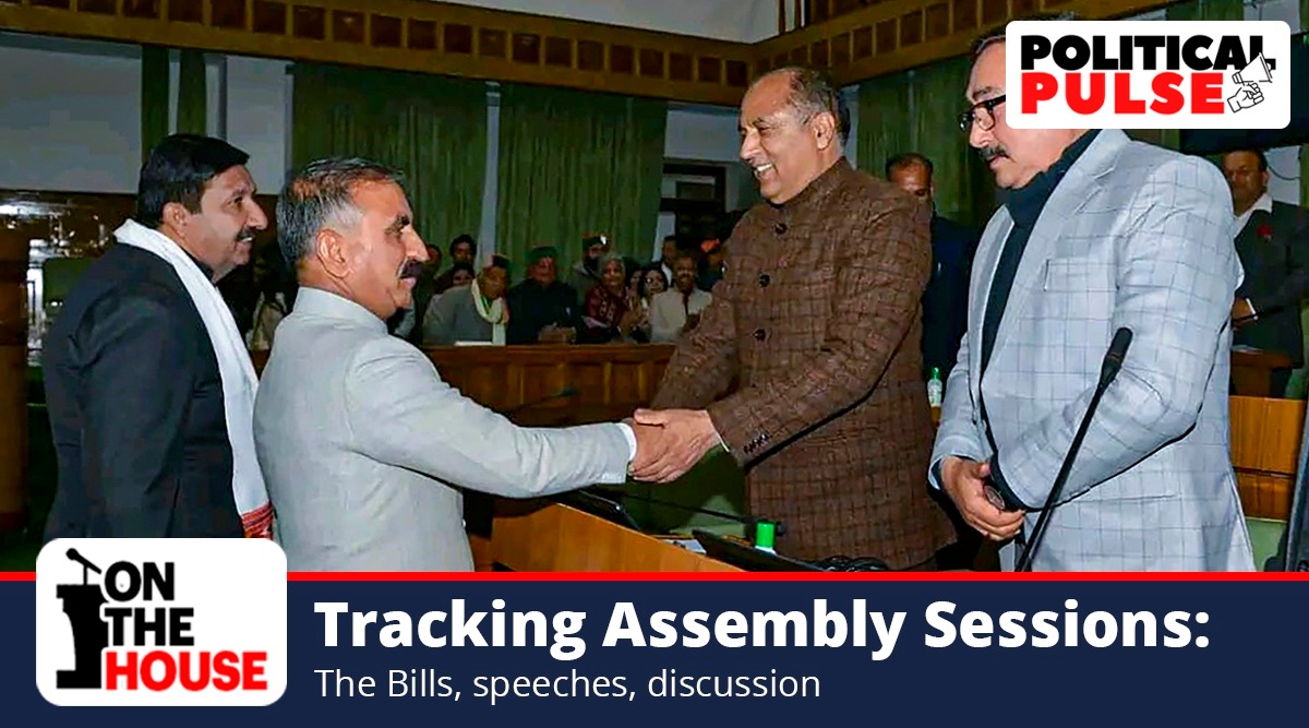 Himachal Pradesh Chief Minister Sukhvinder Singh Sukhu shakes hand with the state Assembly Leader of Opposition Jai Ram Thakur in Vidhan Sabha on the first day of Winter Session, in Dharamshala, Wednesday, Jan. 4, 2023. (PTI Photo)
