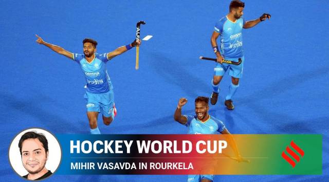 Amit Rohidas (30) of India celebrates after scoring a goal against Spain during a match of the Hockey Men's World Cup 2023. (PTI)