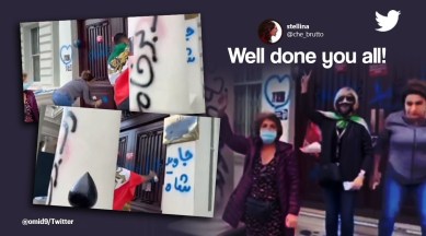 Protesters vandalise Iranian Embassy in London, anti-veil protests in Iran, protests against Iran in London, Mahsa Amini protests, Protesters spraypaint slogans on Iran Embassy in London, indian express