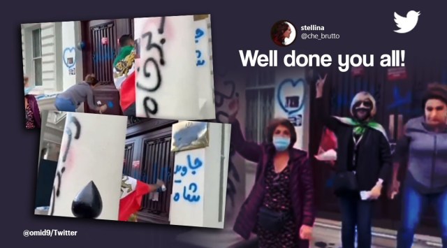 Protesters vandalise Iranian Embassy in London, anti-veil protests in Iran, protests against Iran in London, Mahsa Amini protests, Protesters spraypaint slogans on Iran Embassy in London, indian express