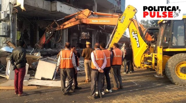 Early on Monday morning, the enforcement wing of the Jaipur Development Authority (JDA) sent its teams to Gopalpura bypass road in Jaipur to demolish the Adhigham coaching centre. (Express photo)