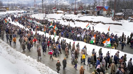 Congress supporters during party leader Rahul Gandhi-led 'Bharat Jodo Yatra', in Qazigund, January 27, 2023. (PTI)