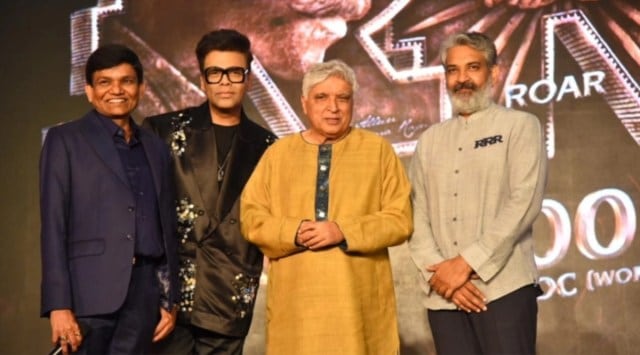 Karan Johar and SS Rajamouli pose with Jayantilal Gada and Javed Akhtar at RRR success bash.