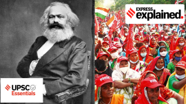 Karl Marx, and workers protesting on the right with Communist party flags.