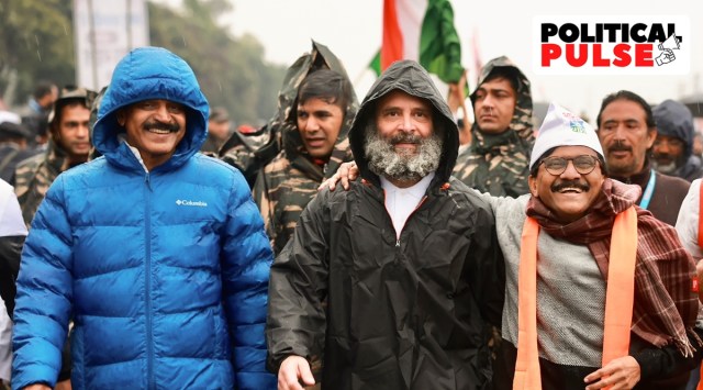 Congress leader Rahul Gandhi with Congress MP K.C. Venugopal and Shiv Sena (Uddhav Thackeray faction) MP Sanjay Raut during the party's 'Bharat Jodo Yatra', in Kathua district, Friday, Jan 20, 2023. (PTI Photo)
