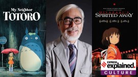 Poster of My neighbour Totoro, a photo of Miyazaki, and poster of Spirited Away.