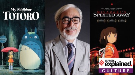 Poster of My neighbour Totoro, a photo of Miyazaki, and poster of Spirited Away.