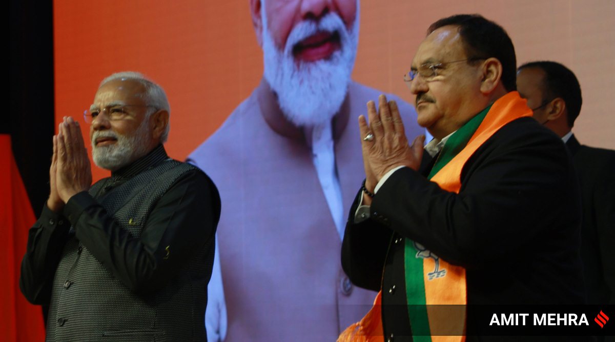 Prime Minister Narendra Modi with BJP National President JP Nadda during the BJP National Executive meeting, at NDMC Convention Centre in New Delhi, Monday, Jan. 16, 2023. (Express photo by Amit Mehra)