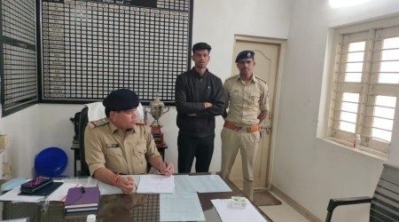 Rape accused Robin Patel at Chikhli police station in Navsari on Thursday. (Express Photo)
