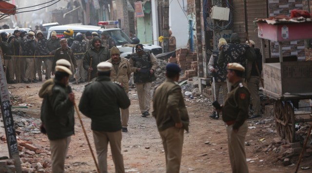 Many local police teams were deployed in Sultanpuri anticipating a law and order situation on Tuesday. (Express Photo by Gajendra Yadav)